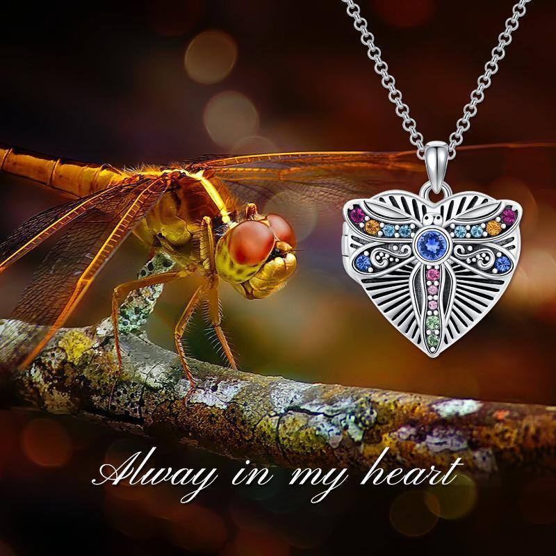 Sterling Silver Crystal Dragonfly & Personalized Photo & Heart Personalized Photo Locket Necklace with Engraved Word-8