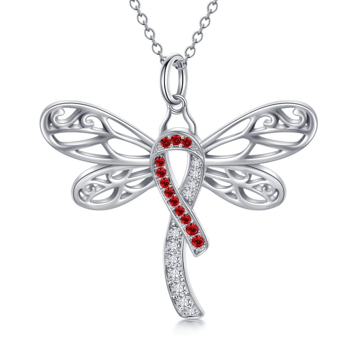 Sterling Silver Crystal Dragonfly & Ribbon Pendant Necklace-1