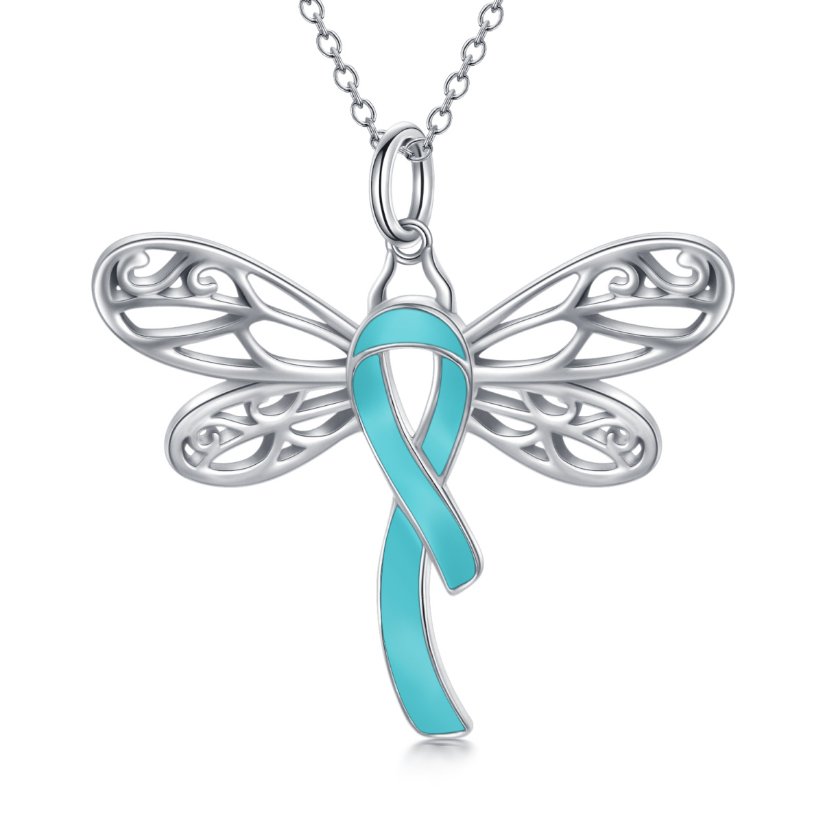 Sterling Silver Crystal Dragonfly & Ribbon Pendant Necklace-3