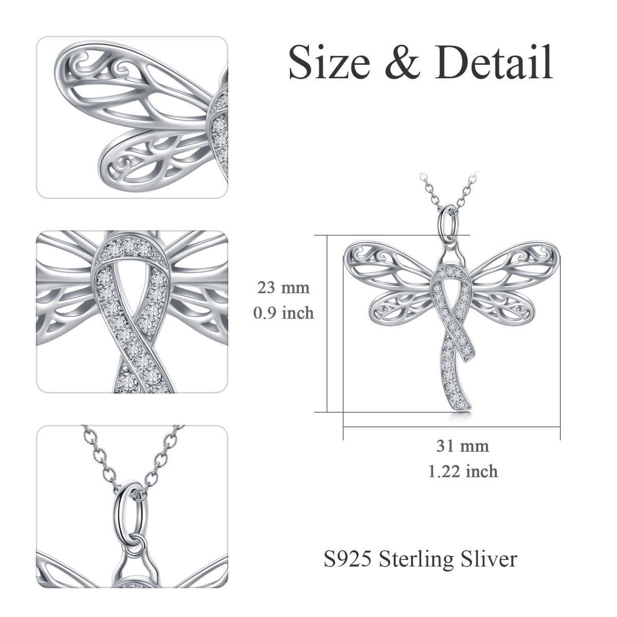 Sterling Silver Crystal Dragonfly & Ribbon Pendant Necklace-4