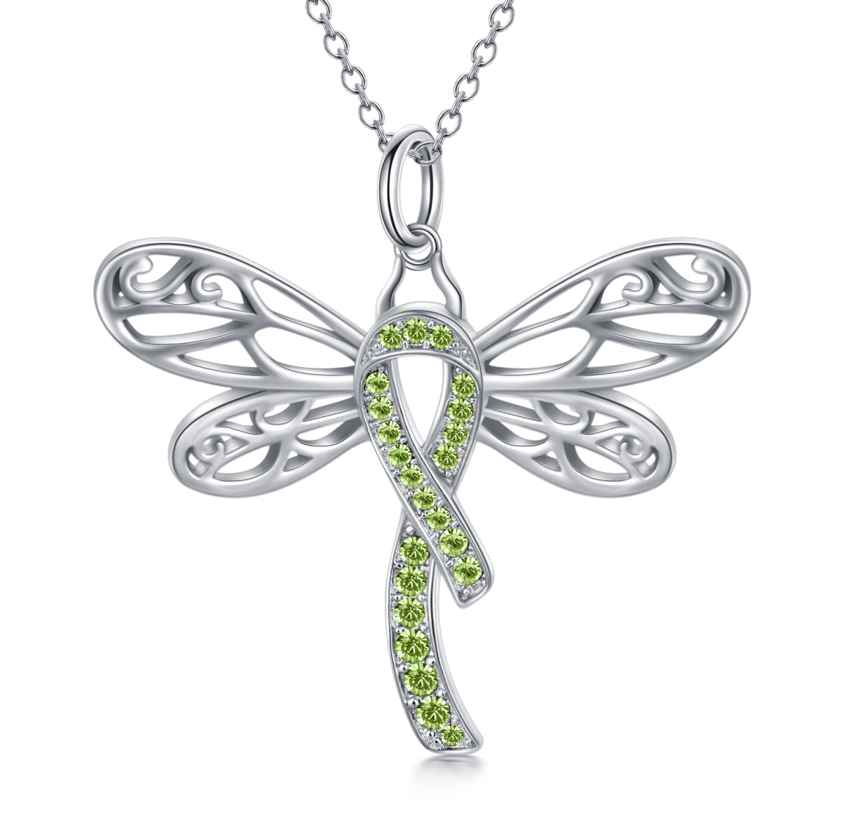 Sterling Silver Crystal Dragonfly & Ribbon Pendant Necklace-1