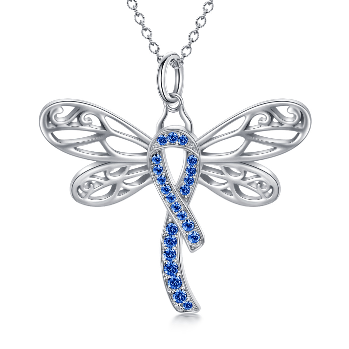 Sterling Silver Crystal Dragonfly & Ribbon Pendant Necklace-1