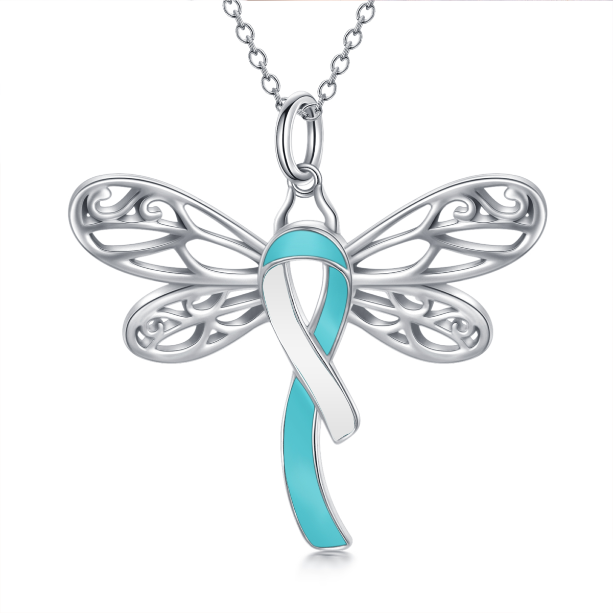 Sterling Silver Crystal Dragonfly & Ribbon Pendant Necklace-1