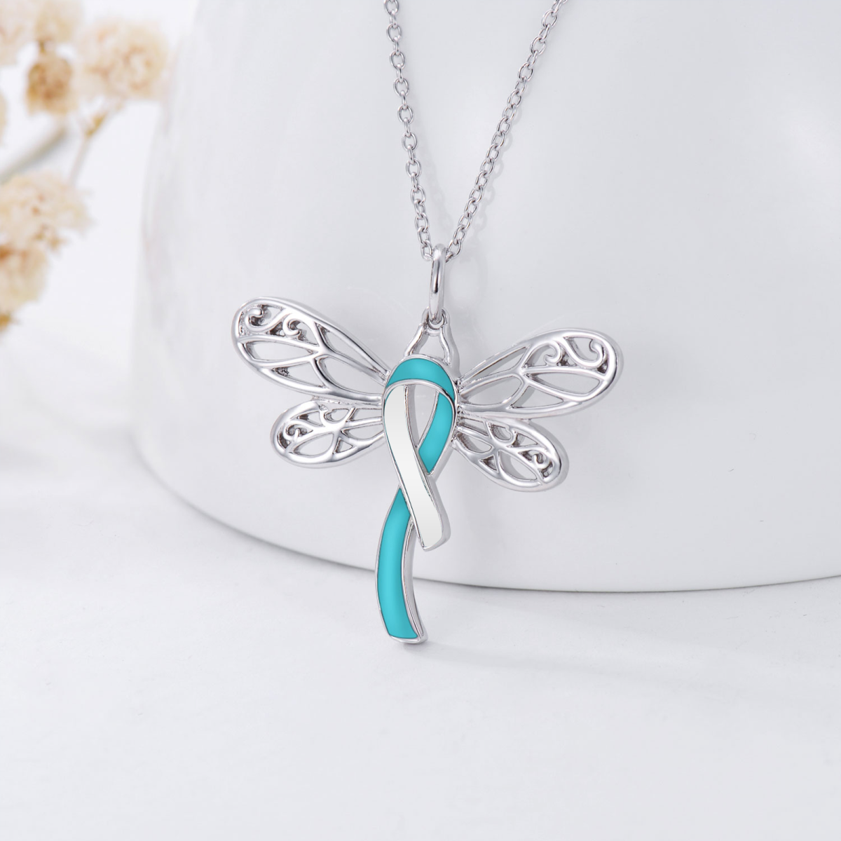 Sterling Silver Crystal Dragonfly & Ribbon Pendant Necklace-3