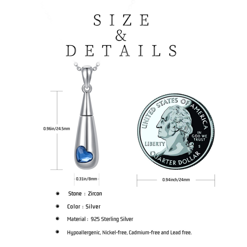 Sterling Silver Crystal Drop Shape & Heart Personalized Birthstone Urn Necklace for Ashes-5