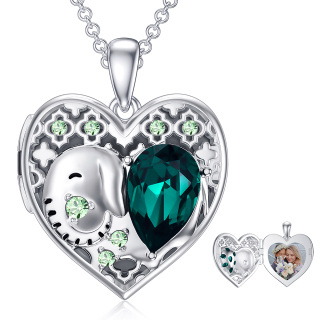 Sterling Silver Crystal Elephant & Heart Personalized Photo Locket Necklace-14