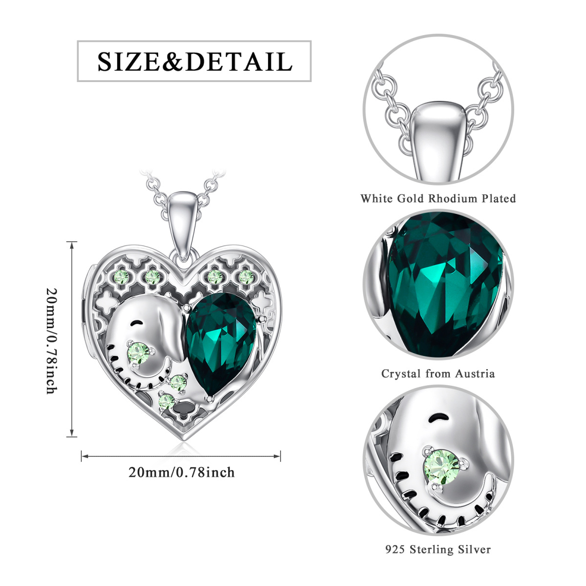 Srebrny naszyjnik z kryształowym słoniem i sercem, personalizowany naszyjnik ze zdjęciem-5