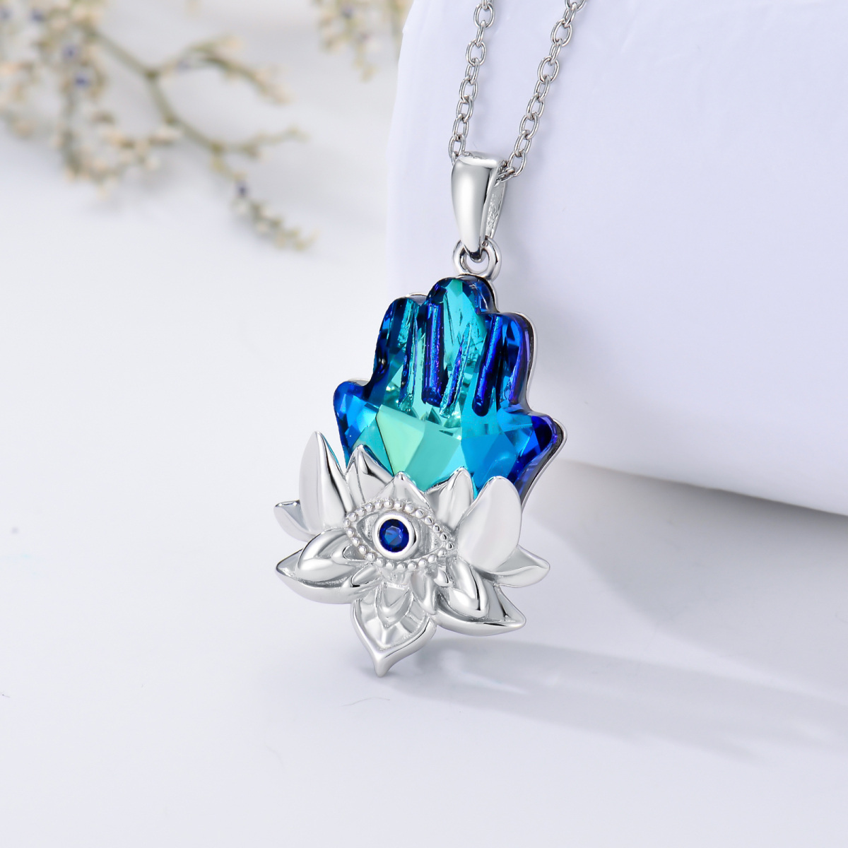 Srebrny naszyjnik z kryształem Evil Eye i zawieszką Hamsa-3