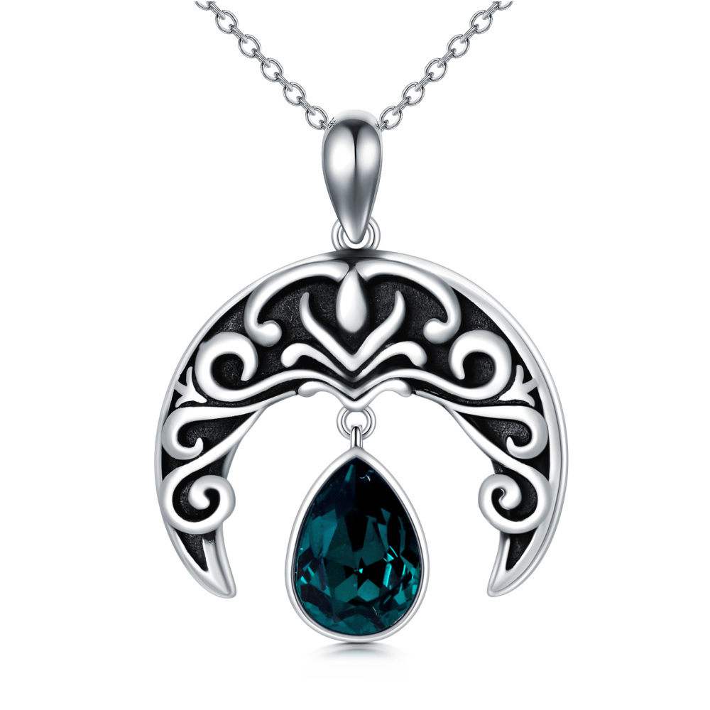 Sterling Silver Crystal Filament & Moon Pendant Necklace-1