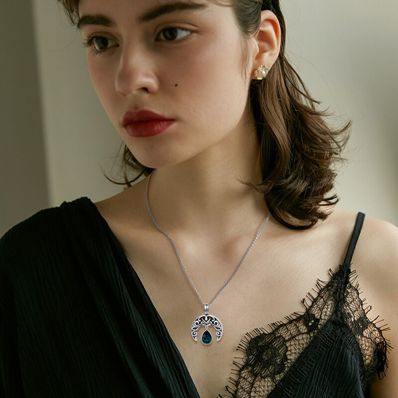 Sterling Silver Crystal Filament & Moon Pendant Necklace-2