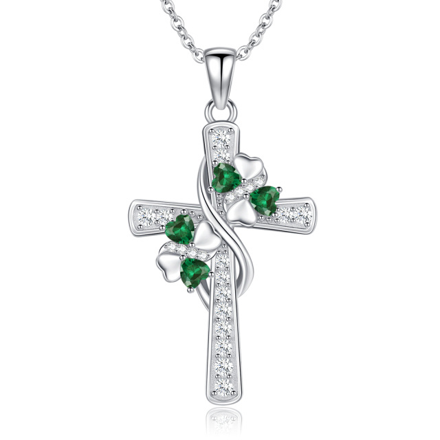 Sterling Silver Crystal Four Leaf Clover & Cross & Heart Pendant Necklace-3