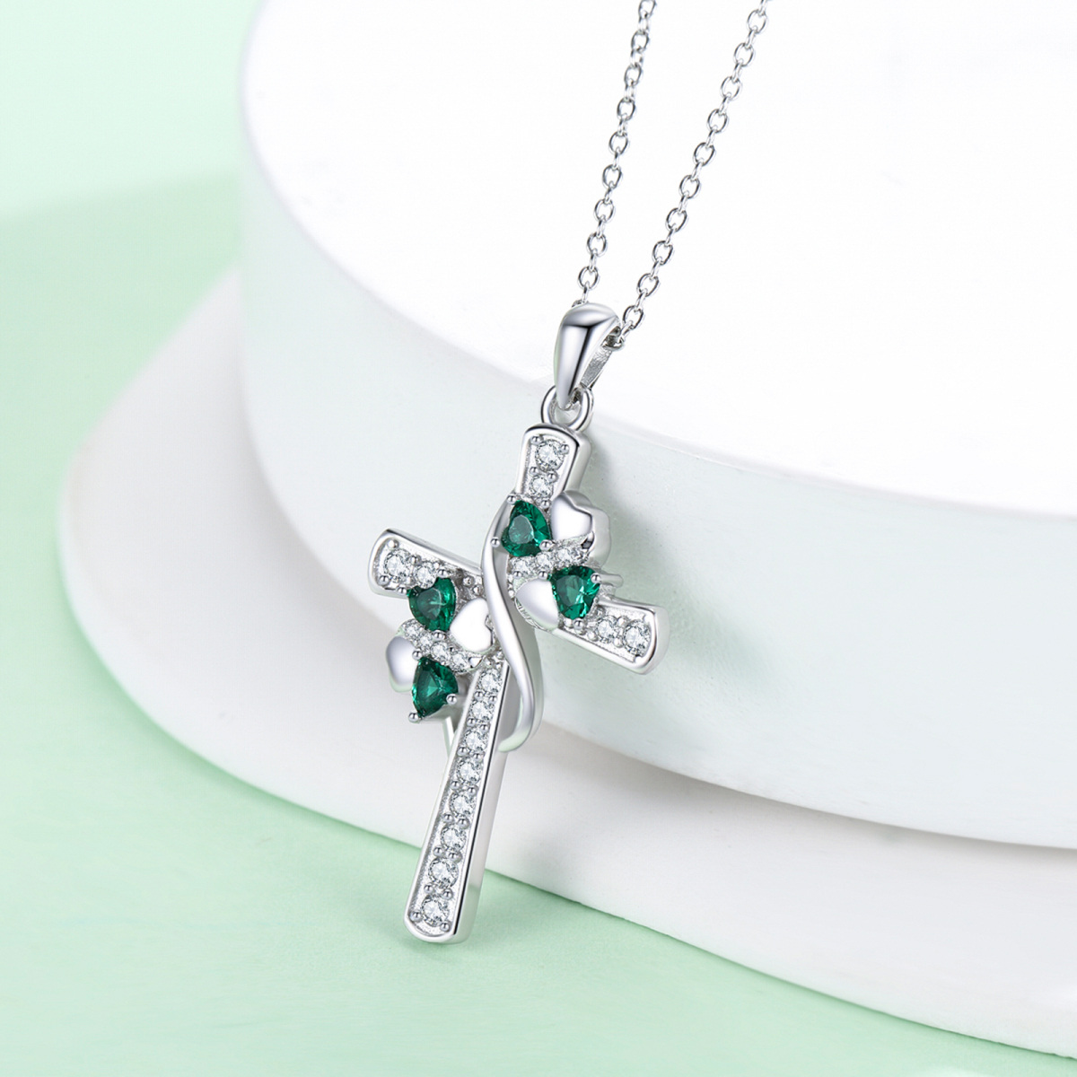 Sterling Silver Crystal Four Leaf Clover & Cross & Heart Pendant Necklace-4