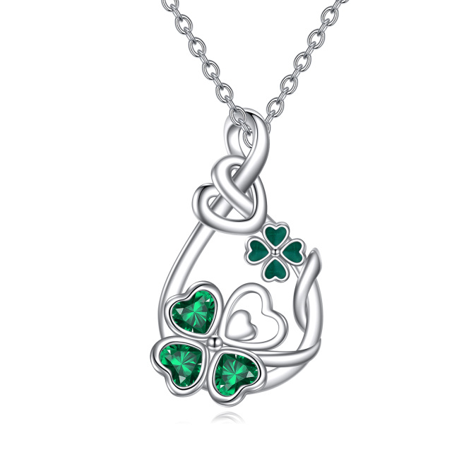 Sterling Silver Heart Crystal Green Four Leaf Clover Knot Pendant Necklace For Women Best Friends-1