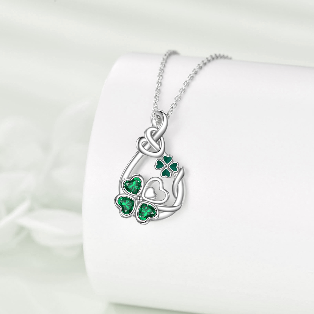 Sterling Silver Heart Crystal Green Four Leaf Clover Knot Pendant Necklace For Women Best Friends-3