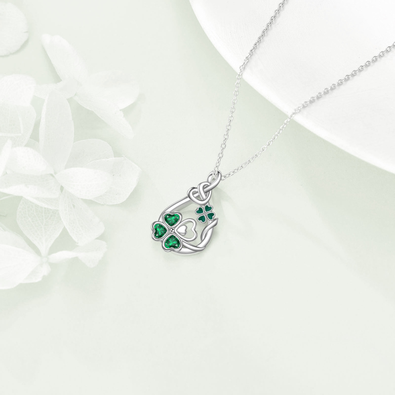 Sterling Silver Heart Crystal Green Four Leaf Clover Knot Pendant Necklace For Women Best Friends-4