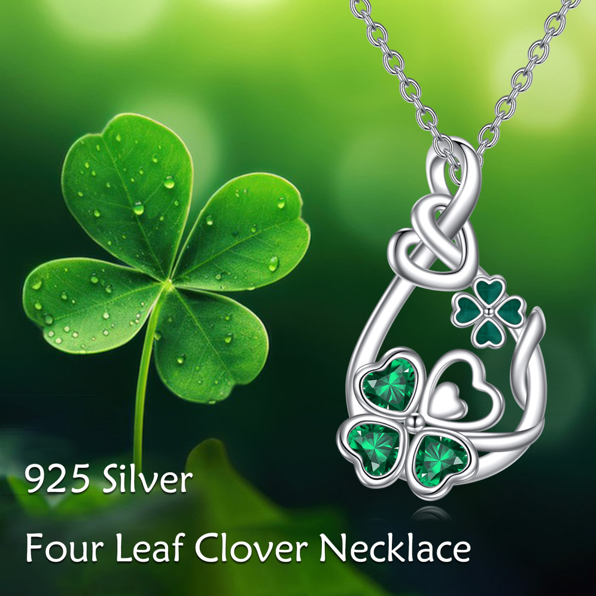 Sterling Silver Heart Crystal Green Four Leaf Clover Knot Pendant Necklace For Women Best Friends-6