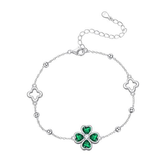 Sterling Silver Crystal Four Leaf Clover Charm Bracelet-1