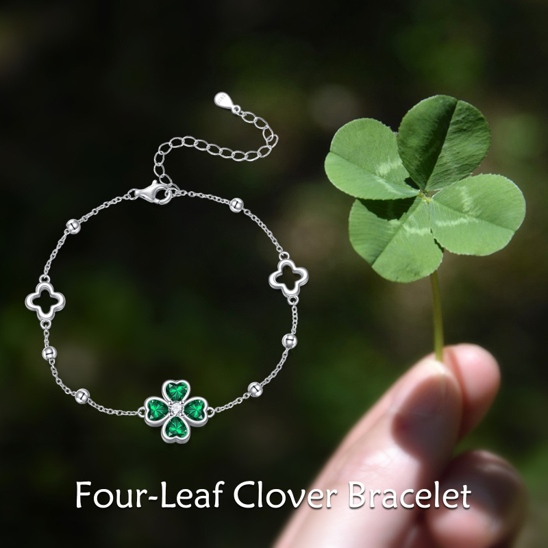 Sterling Silver Crystal Four Leaf Clover Charm Bracelet-6