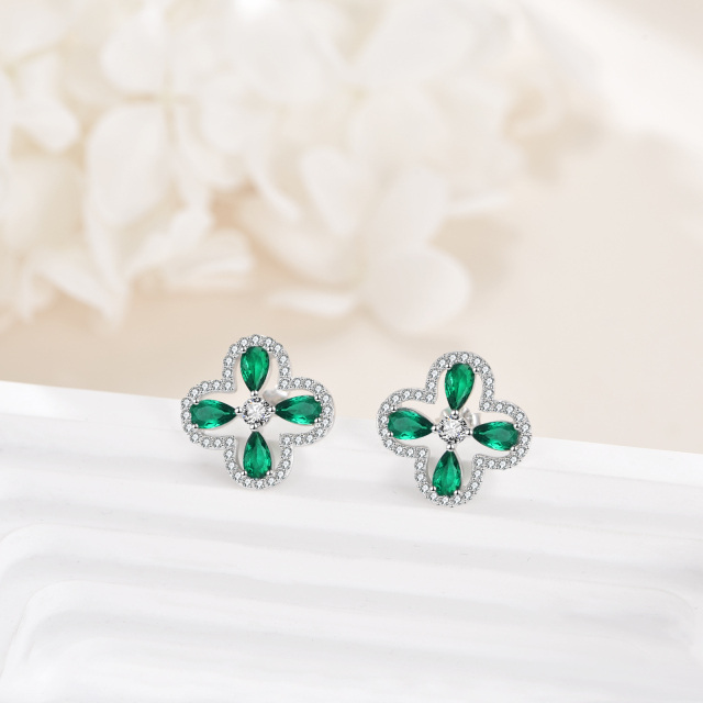 Sterling Silver Crystal & Cubic Zirconia Four Leaf Clover Stud Earrings-3