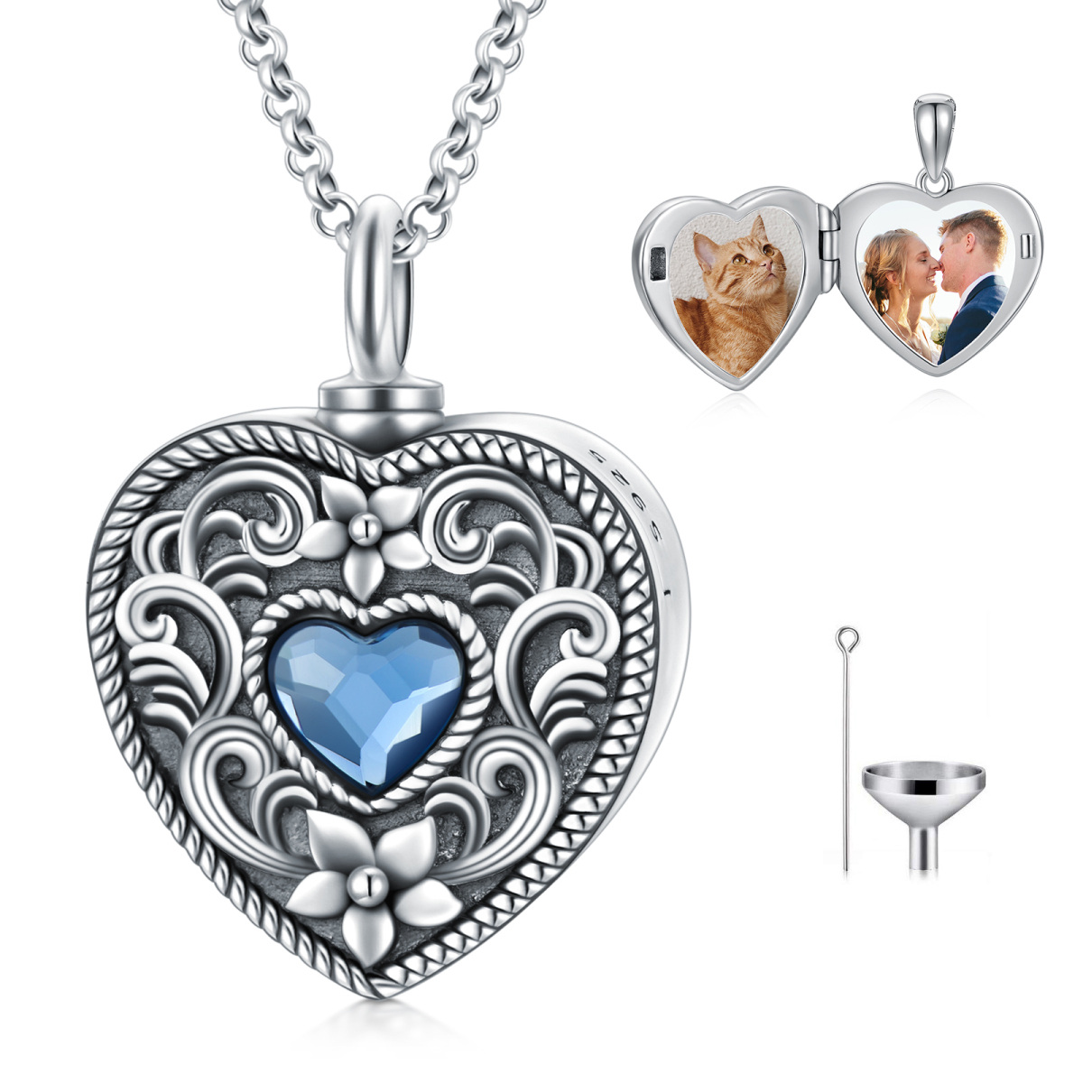 Plata de ley Corazón de cristal y narciso Personalizado Foto Locket Urna Collar para cenizas-1