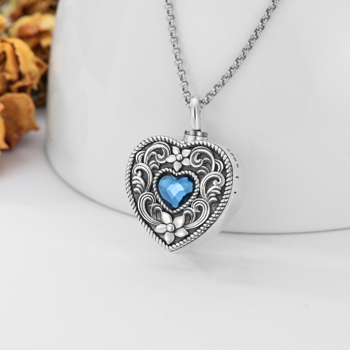 Plata de ley Corazón de cristal y narciso Personalizado Foto Locket Urna Collar para cenizas-3