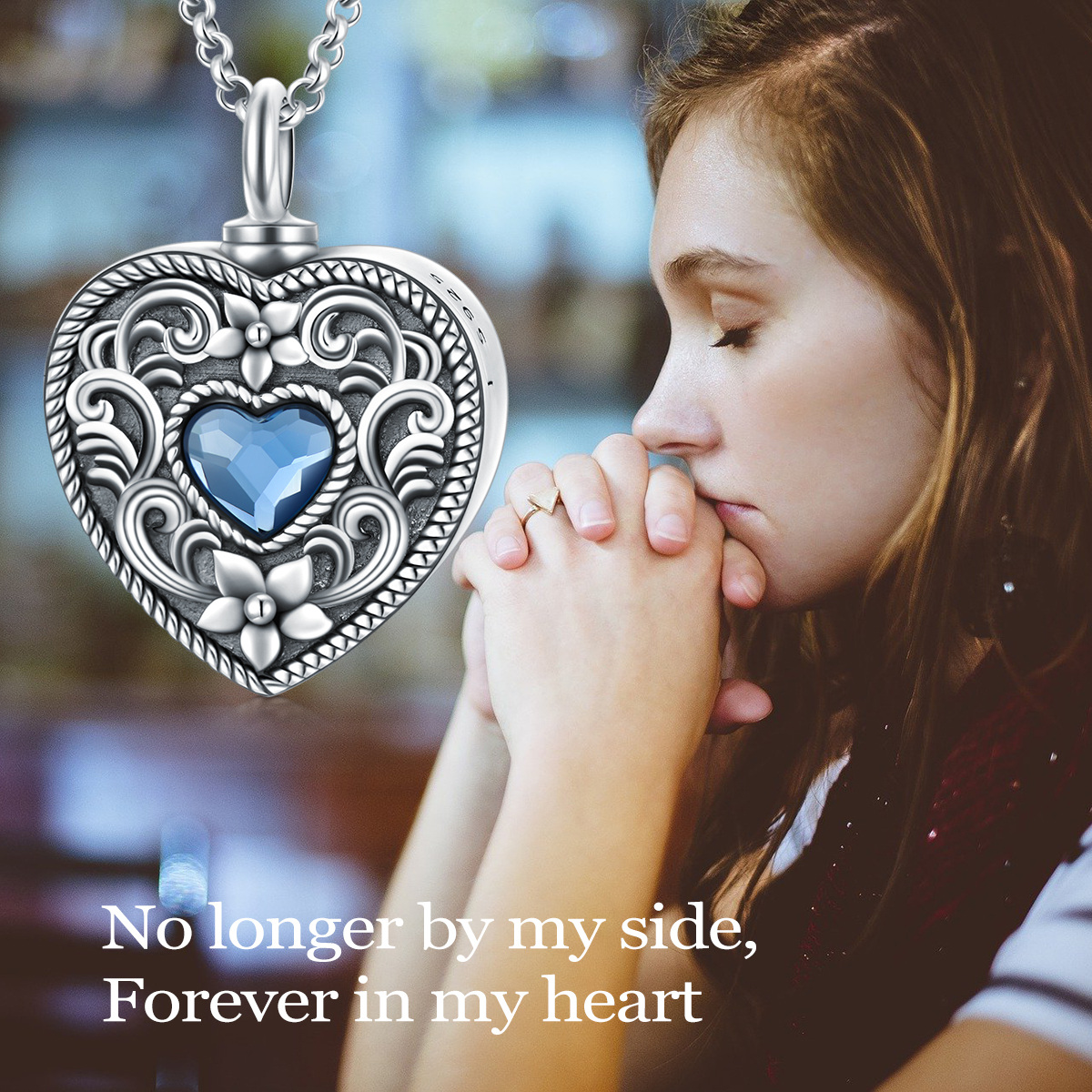 Plata de ley Corazón de cristal y narciso Personalizado Foto Locket Urna Collar para cenizas-8