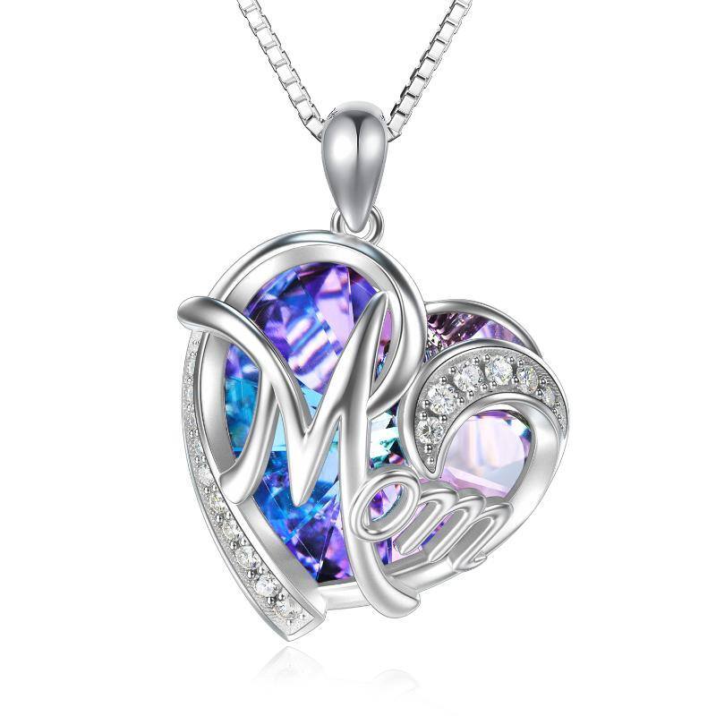 Collier en argent sterling avec pendentif maman en forme de coeur en cristal et chaîne en forme de boîte-1