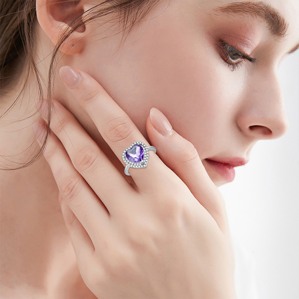 Anillo abierto de corazón con circonita cúbica y cristal de plata de ley-2