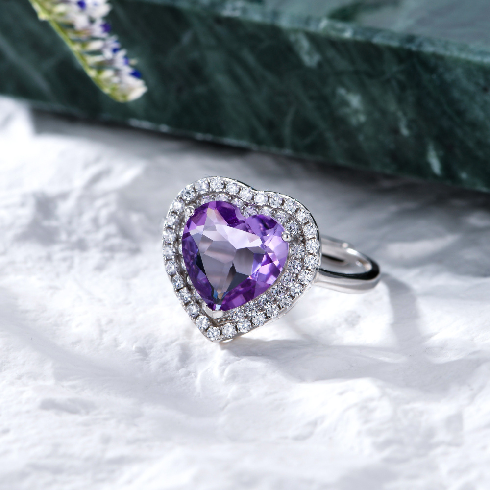 Anillo abierto de corazón con circonita cúbica y cristal de plata de ley-3