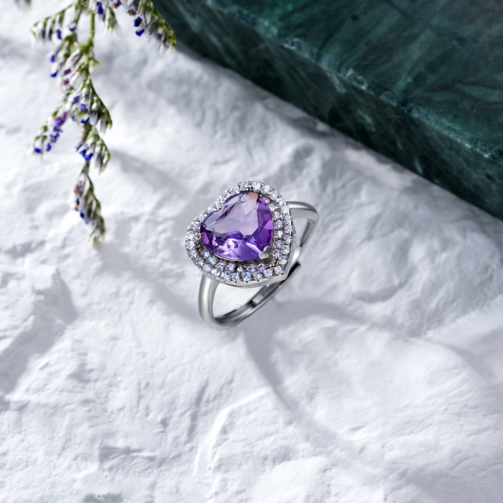 Anillo abierto de corazón con circonita cúbica y cristal de plata de ley-4