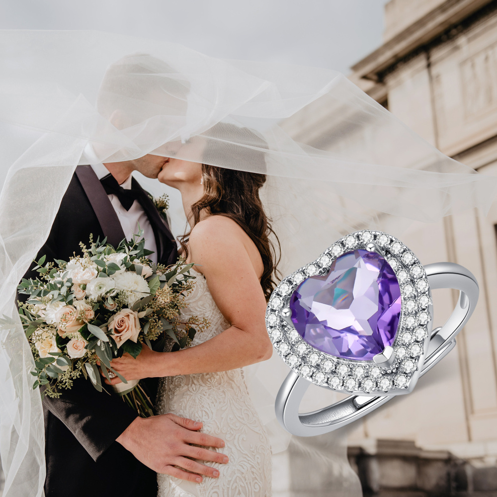 Anillo abierto de corazón con circonita cúbica y cristal de plata de ley-5