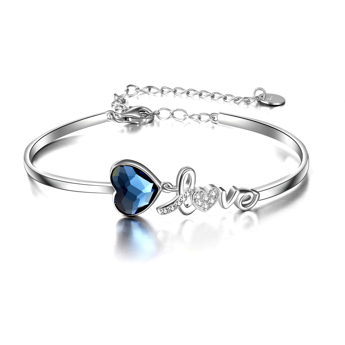 Pulsera de plata de ley con colgante de corazón de cristal y palabra grabada-1