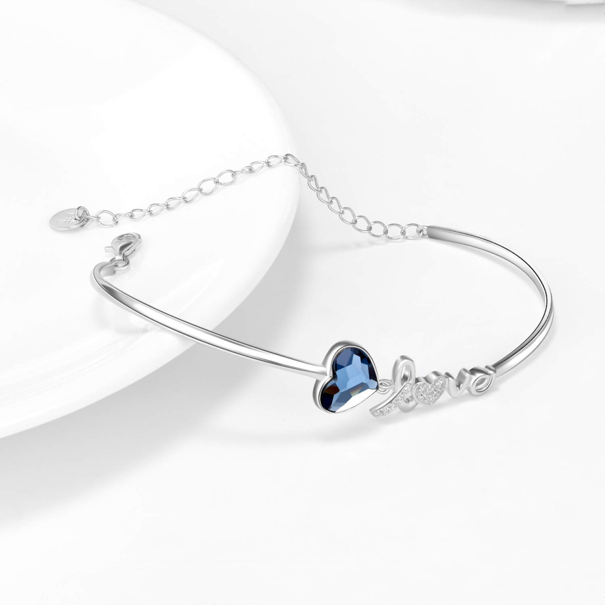 Sterling Silver Crystal Heart Pendant Bangle with Engraved Word-3