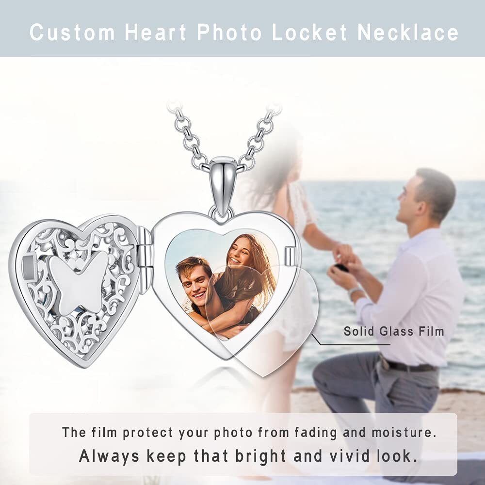 Plata de Ley Corazón de Cristal Personalizado Foto Locket Collar-4