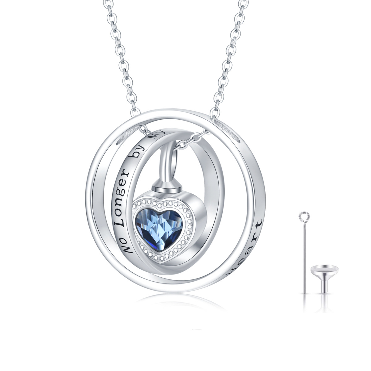 Collar de urna con forma de corazón de cristal de plata de ley con círculo giratorio para cenizas con palabra grabada para mujer-1