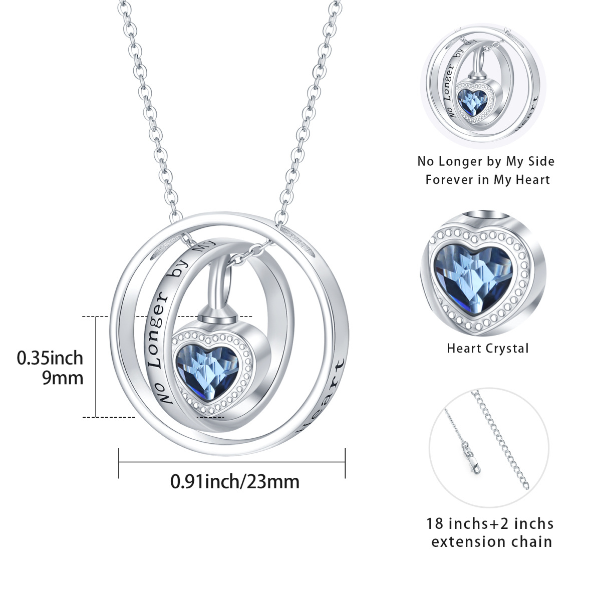 Sterling Silver Crystal Heart With Rotatable Circle Heart Urn Necklace For Ashes With Engraved Word For Women-4