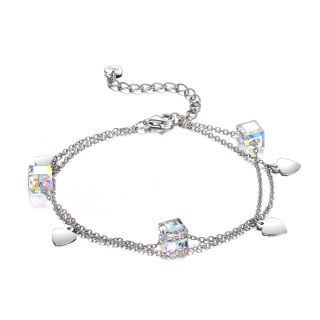 Sterling Silver Crystal Heart & Square Multi-layered Anklet-52