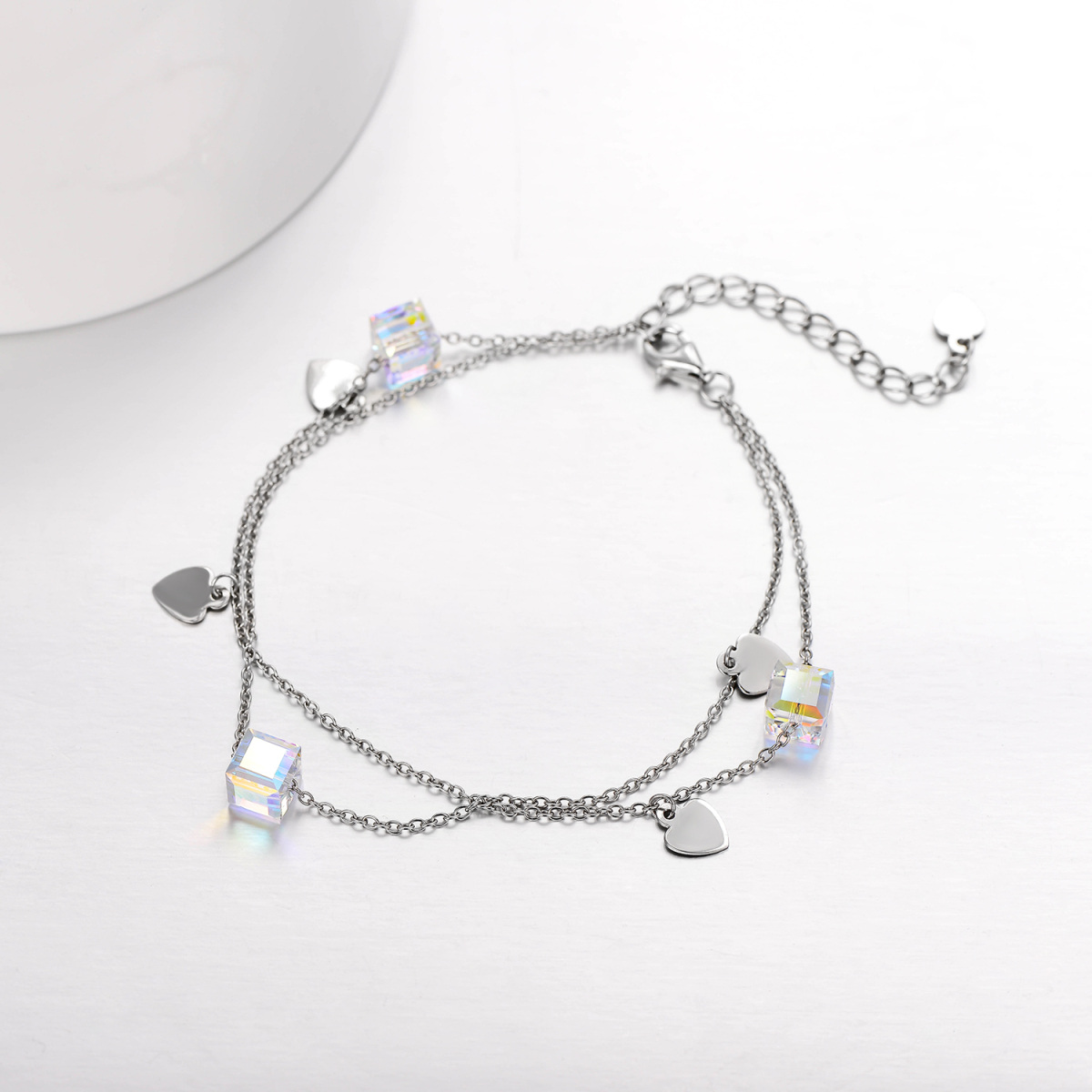 Sterling Silver Crystal Heart & Square Multi-layered Anklet-3