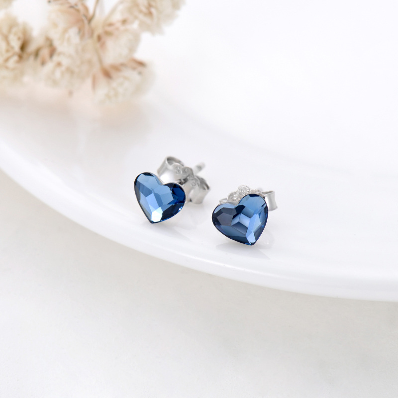 Sterling Silver Crystal Heart Stud Earrings-3