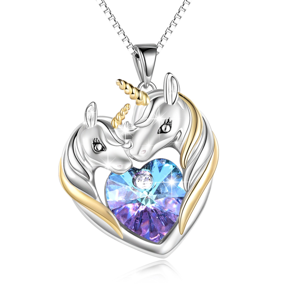 Sterling Silver Two-tone Crystal Heart Unicorn Necklace for Women-1
