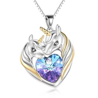 Sterling Silver Two-tone Crystal Heart Unicorn Necklace for Women-56