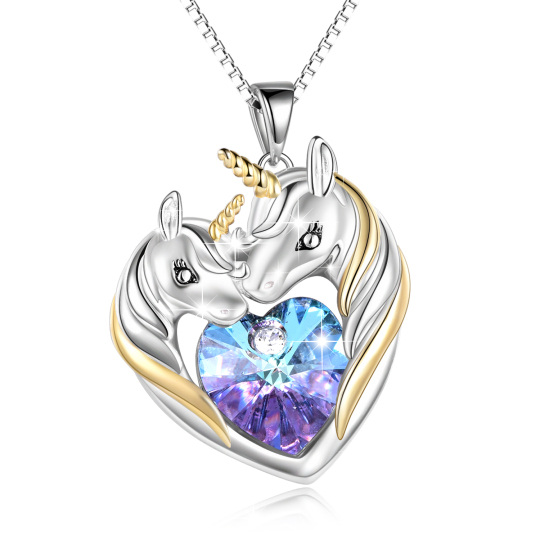 Sterling Silver Two-tone Crystal Heart Unicorn Necklace for Women