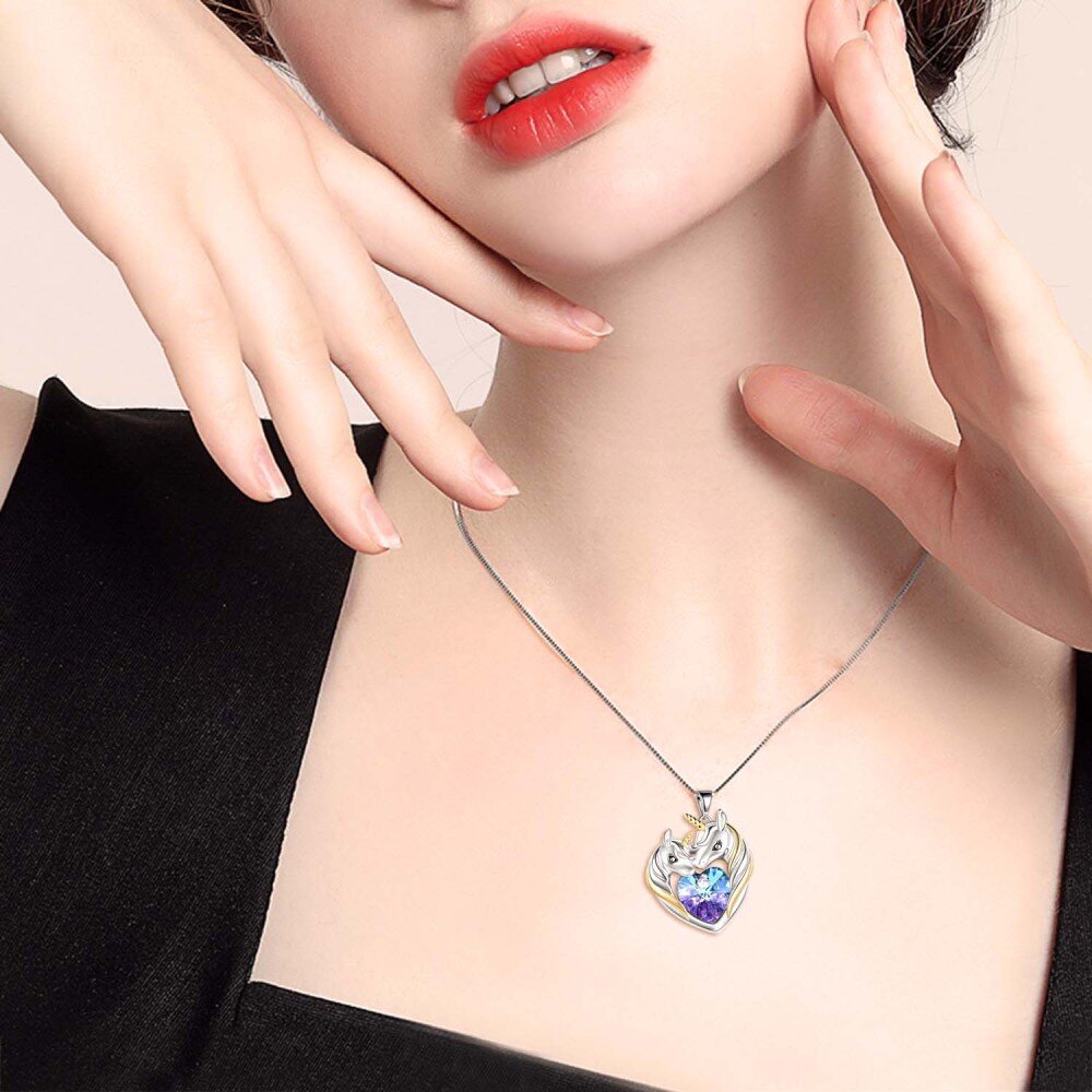 Sterling Silver Two-tone Crystal Heart Unicorn Necklace for Women-2