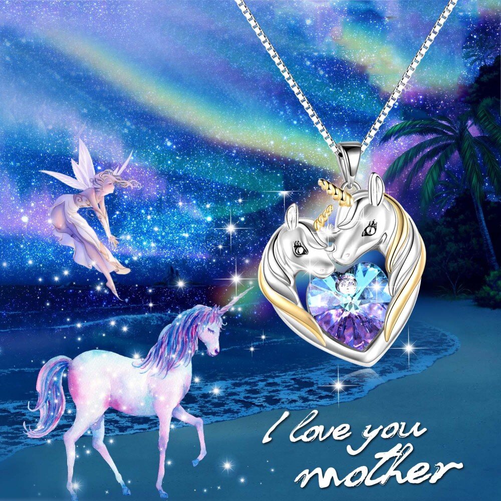 Sterling Silver Two-tone Crystal Heart Unicorn Necklace for Women-6