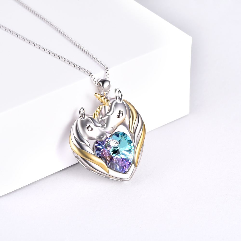 Sterling Silver Two-tone Crystal Heart Unicorn Necklace for Women-3