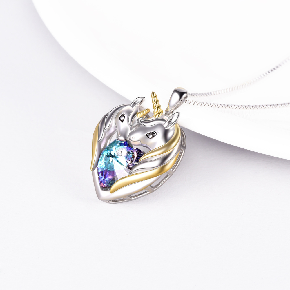 Sterling Silver Two-tone Crystal Heart Unicorn Necklace for Women-4