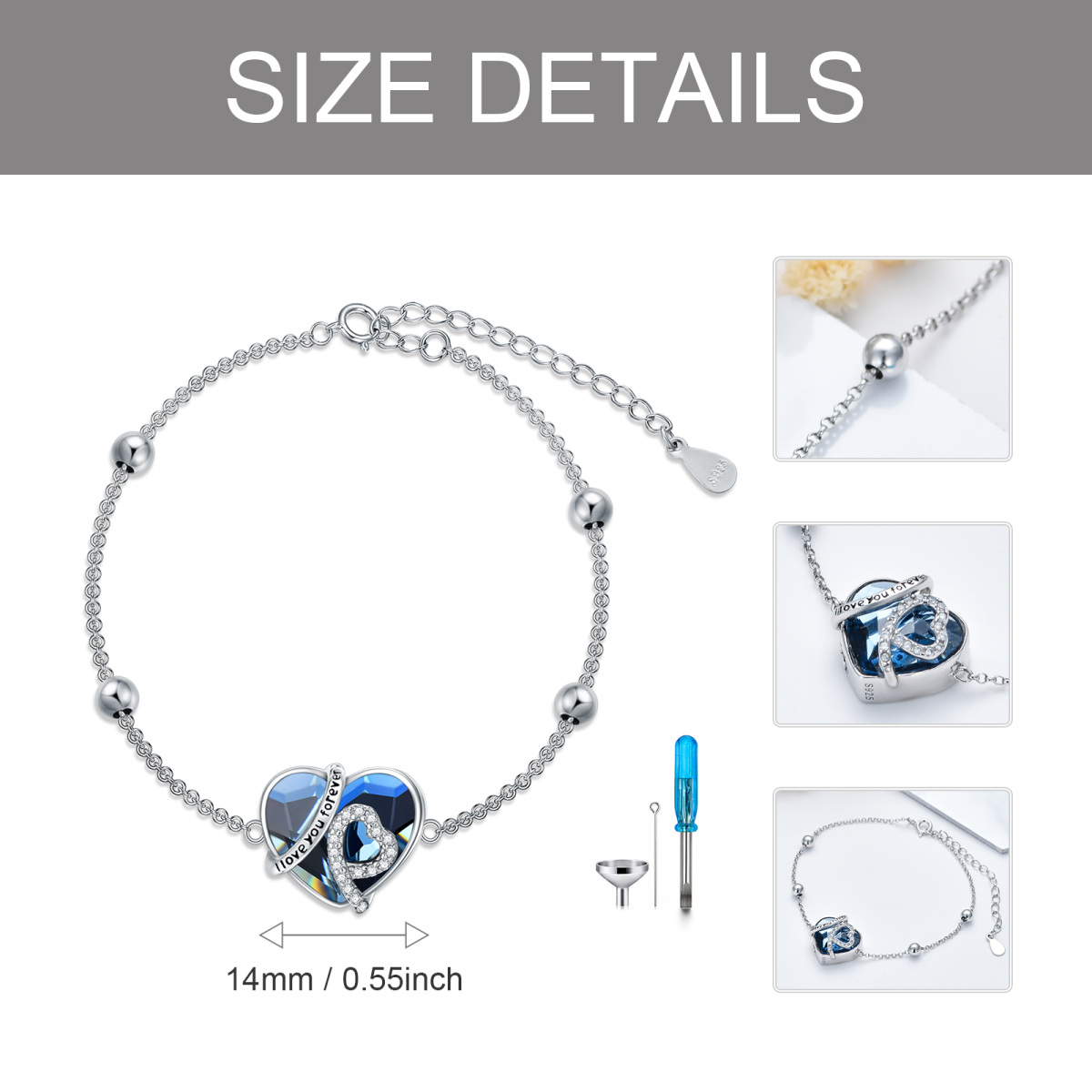 Bracelet en argent sterling avec cœurs en cristal pour cendres avec mot gravé-4