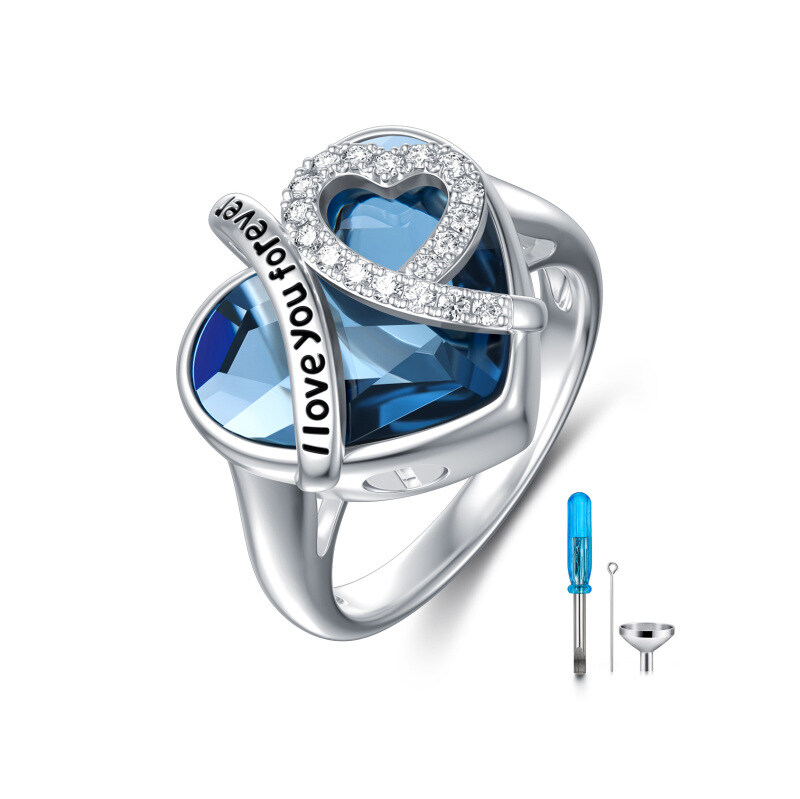 Anillo de urna con forma de corazón de circonita cúbica y cristal de plata de ley con la frase "Te amo para siempre"-1