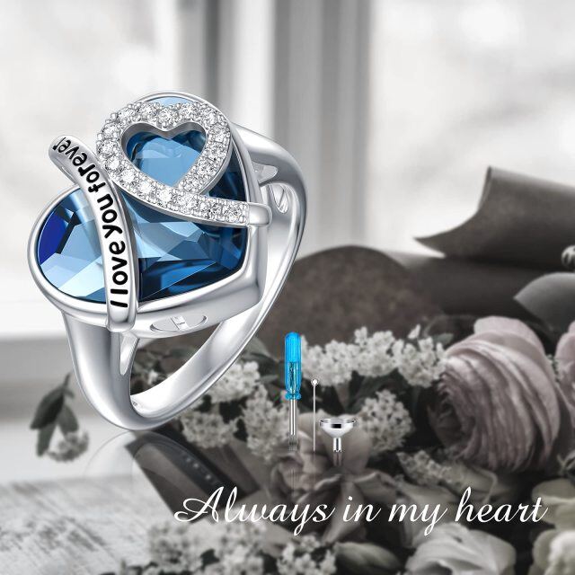 Anillo de urna con forma de corazón de circonita cúbica y cristal de plata de ley con la frase "Te amo para siempre"-6