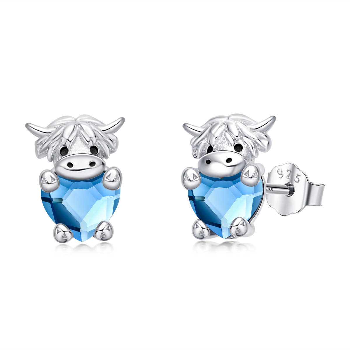 Sterling Silver Crystal Highland Cow & Heart Stud Earrings-1